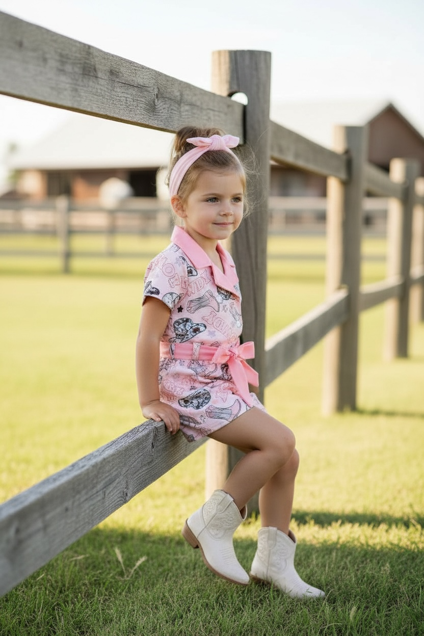 Howdy" Pink Western printed girls romper.