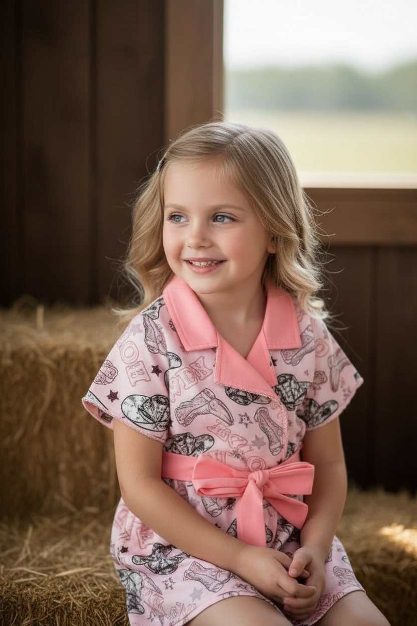 Howdy" Pink Western printed girls romper.