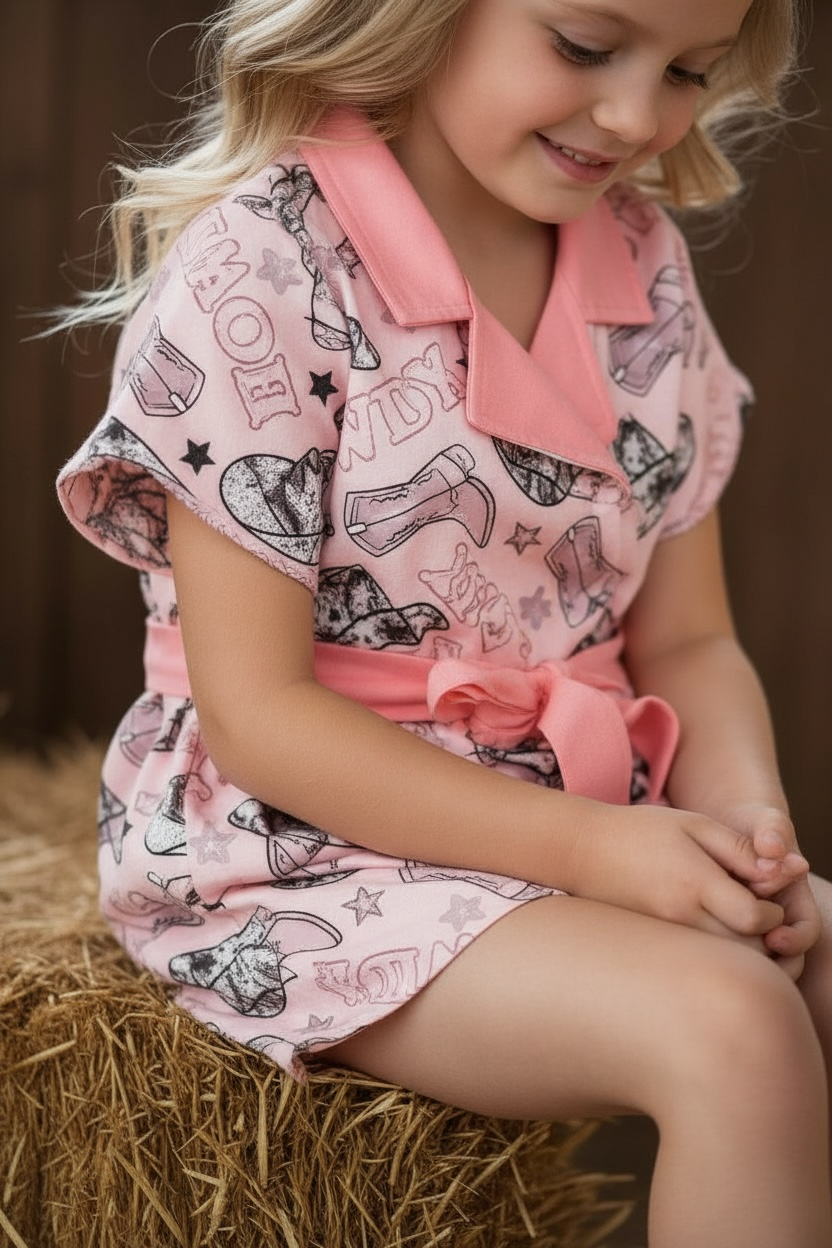 Howdy" Pink Western printed girls romper.