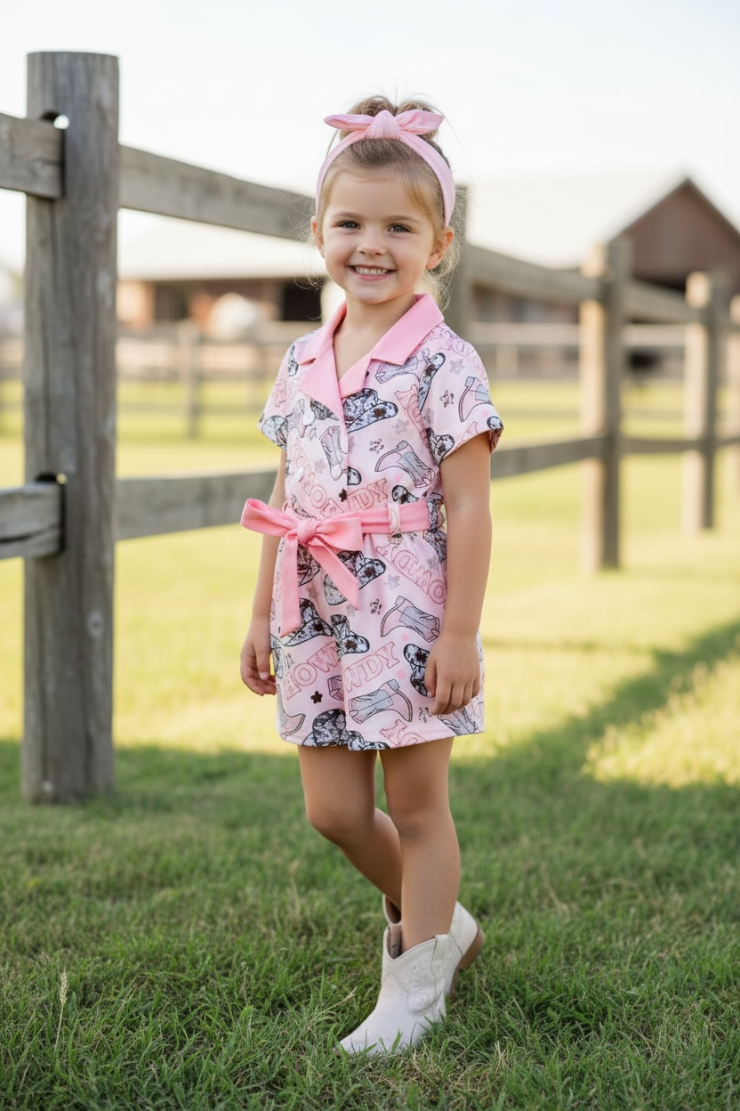 Howdy" Pink Western printed girls romper.