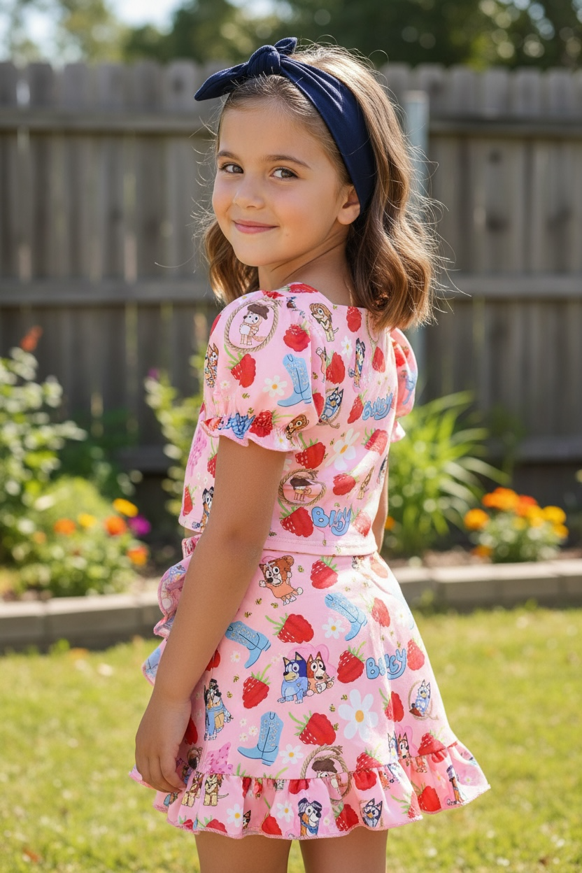 Raspberry printed on pink girls 2 piece set.