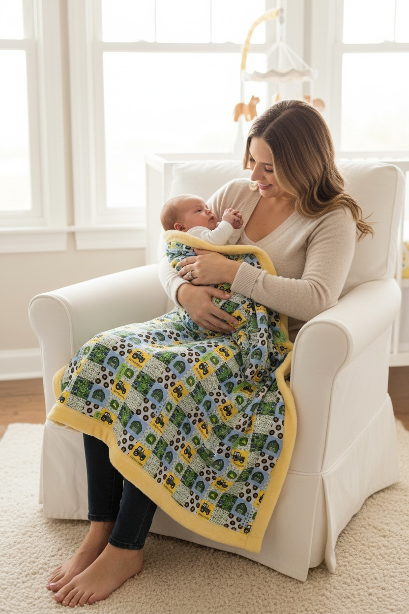 51" X 60" Little man, tractor printed throw size blanket with cozy faux fur.