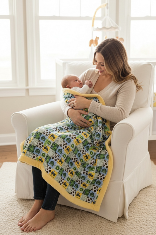 51" X 60" Little man, tractor printed throw size blanket with cozy faux fur.