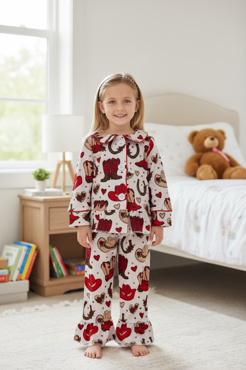 Valentines/western printed girls pajamas with ruffle hem.