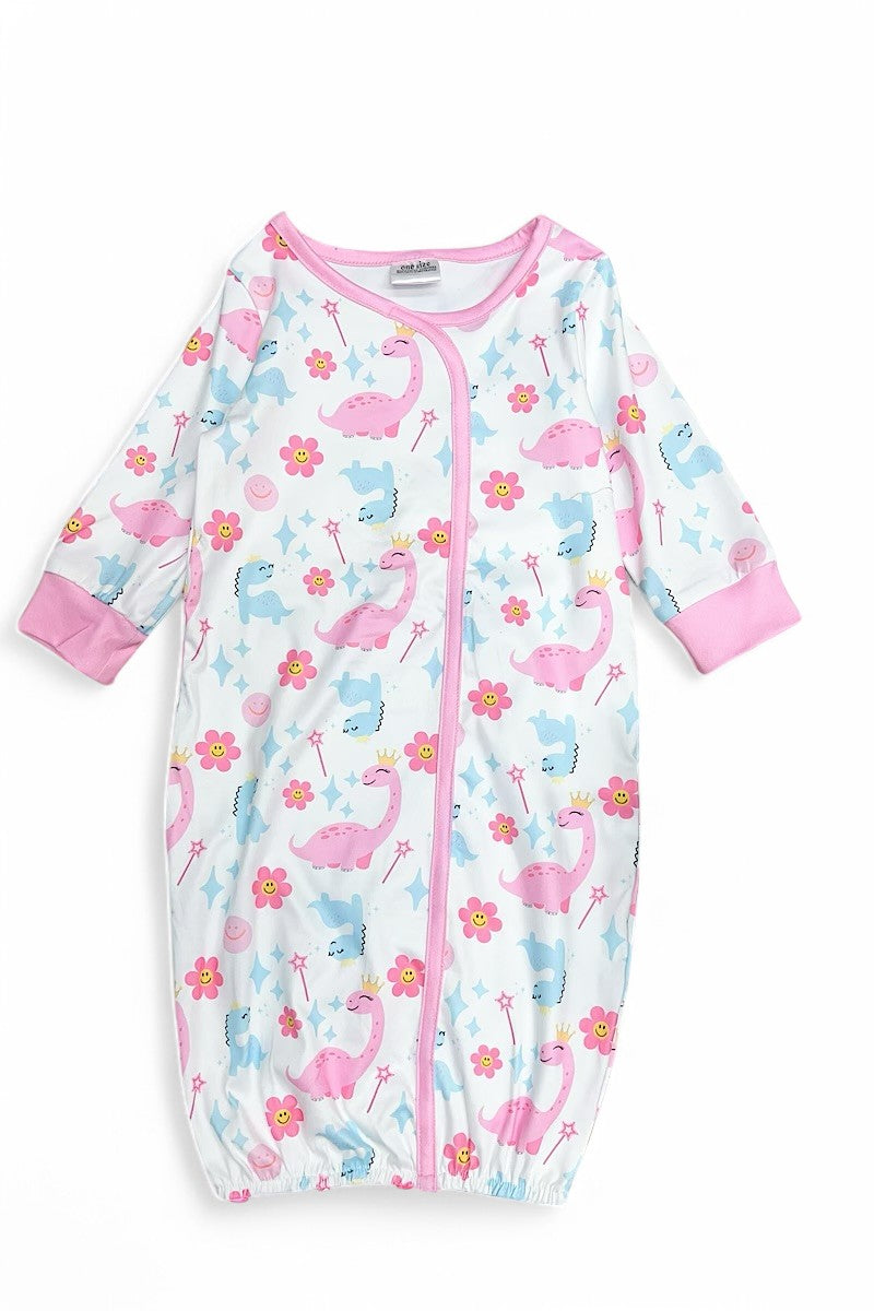 Pink Dino girls baby gown.