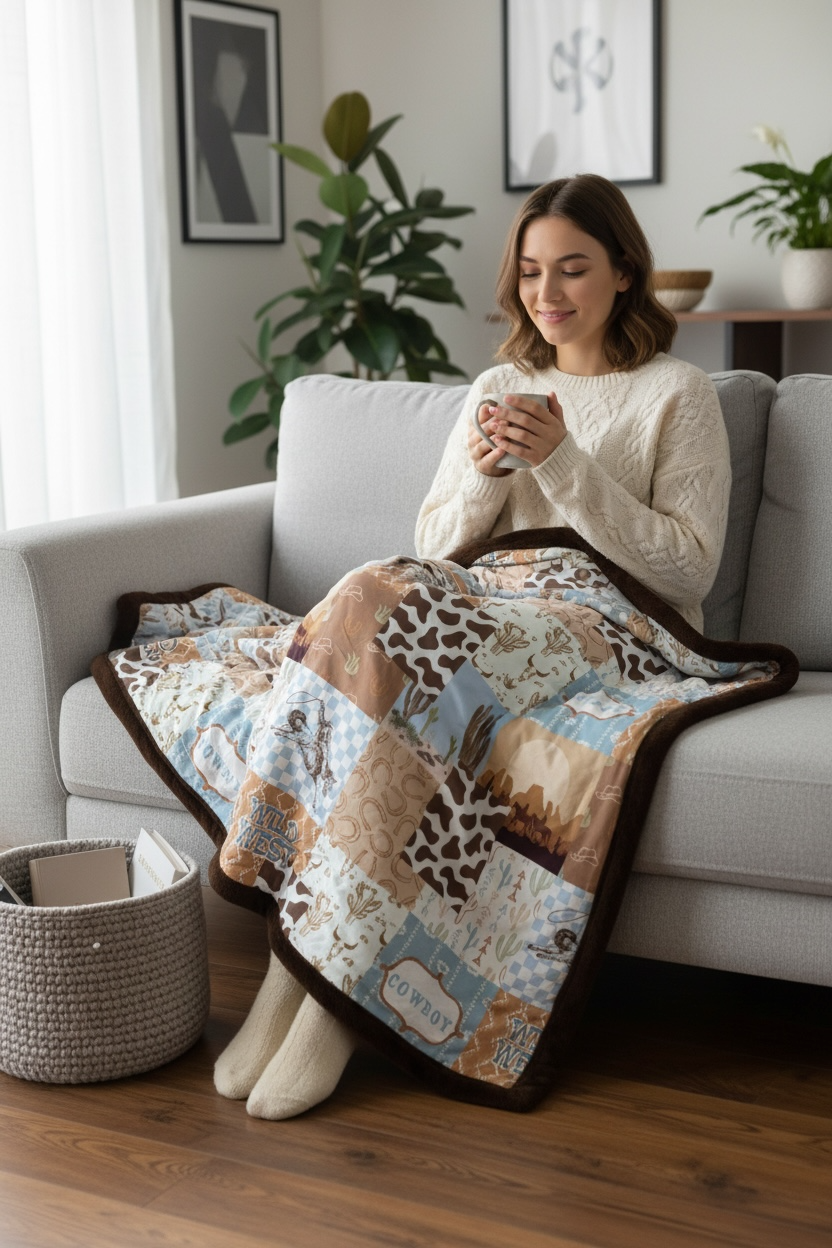 50" X 60" Faux fur western printed throw blanket.