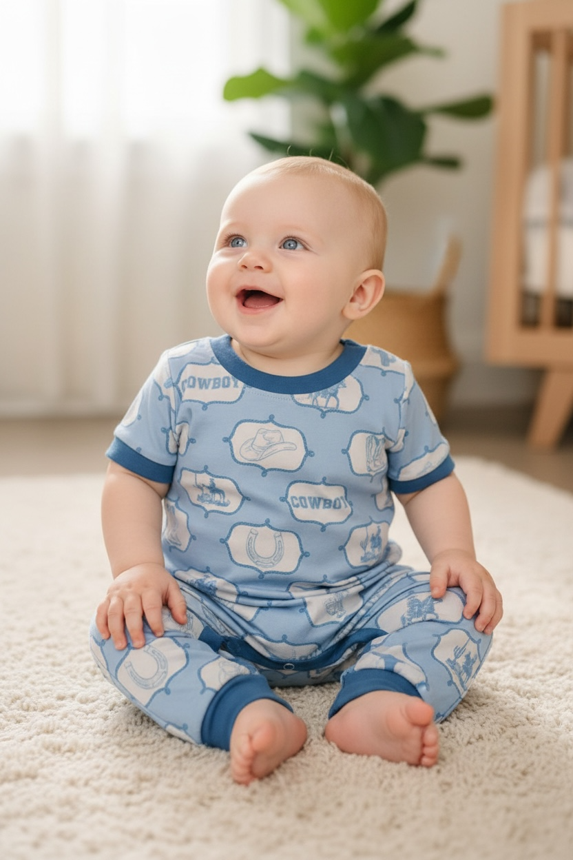 Lt. blue cowboy printed boys baby romper with snaps.