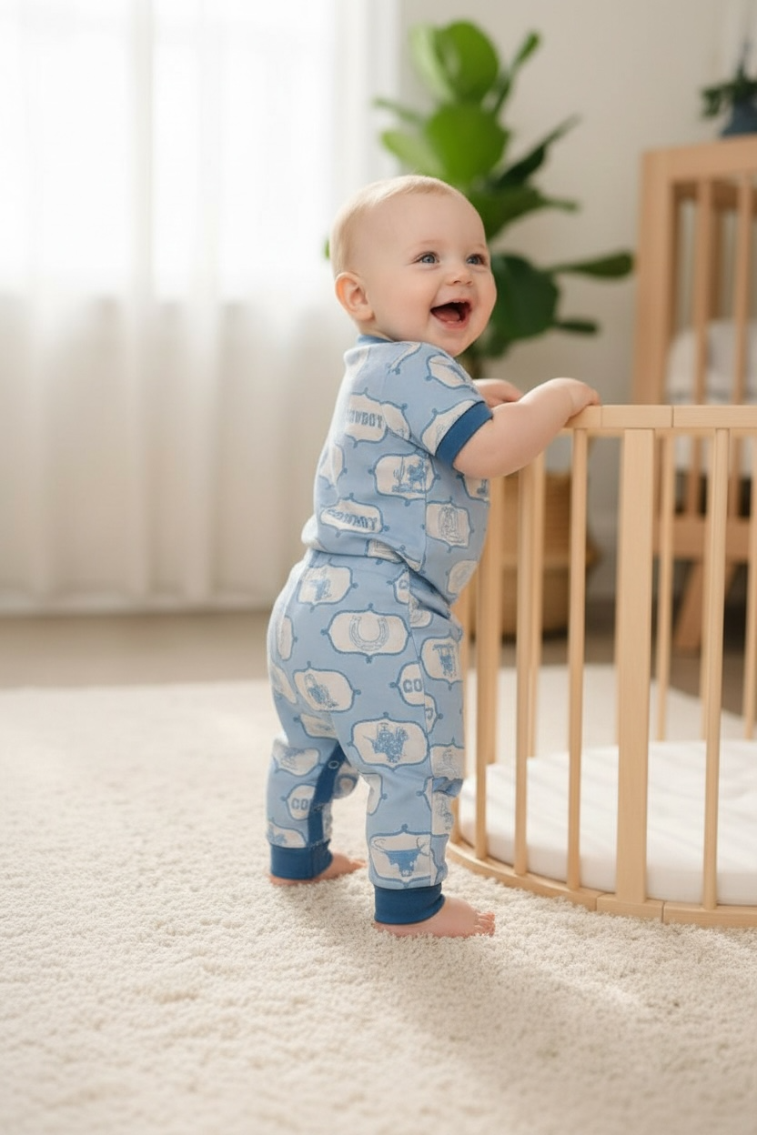 Lt. blue cowboy printed boys baby romper with snaps.