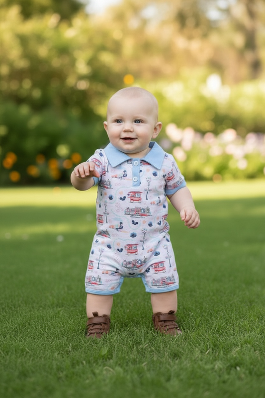 Main Street USA" White baby romper with lt. blue trim & collar neckline.