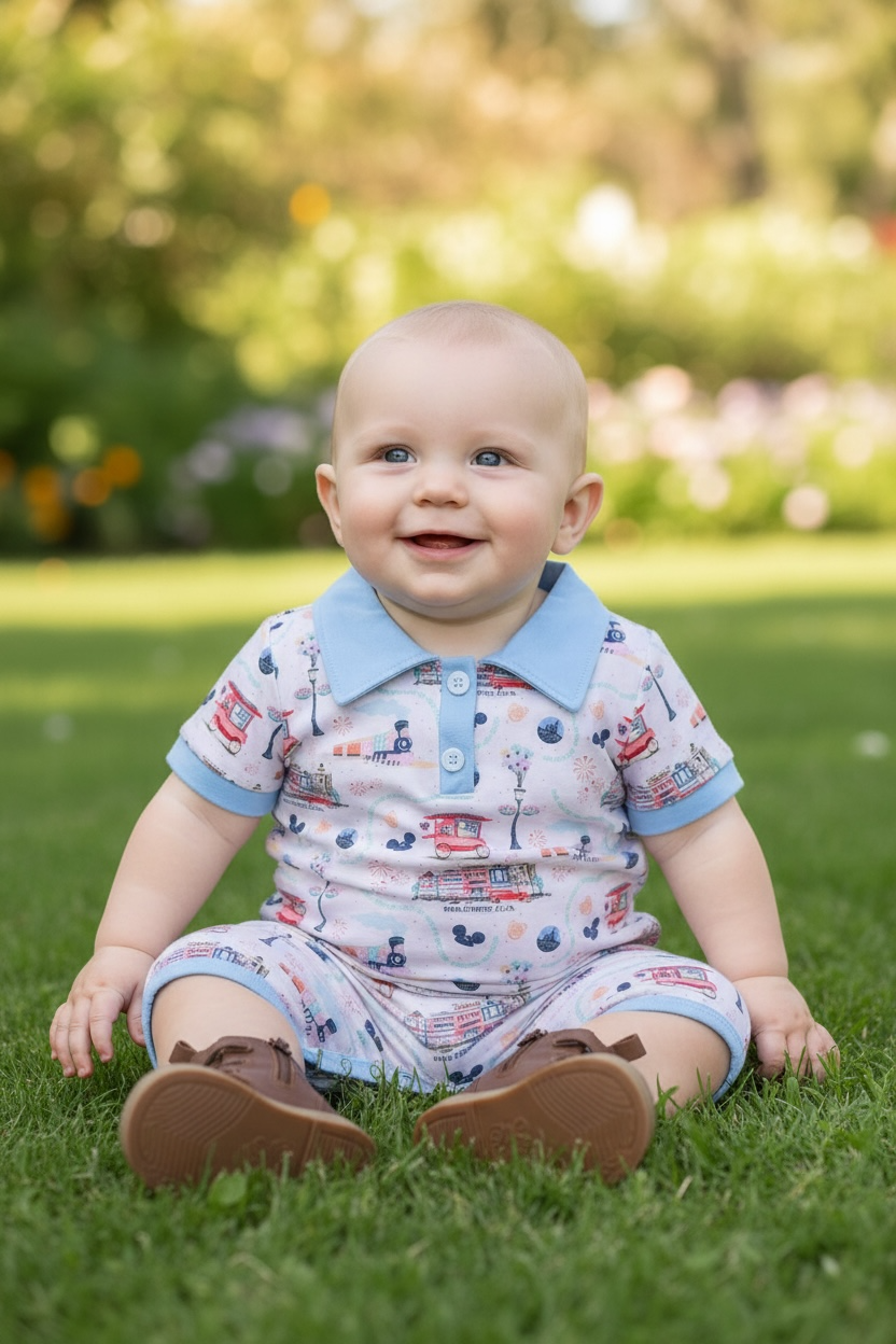 Main Street USA" White baby romper with lt. blue trim & collar neckline.