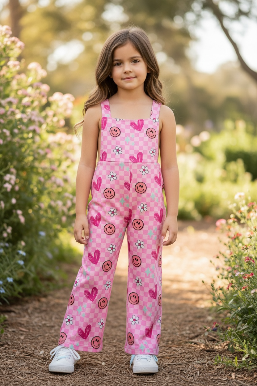 Checkered heart printed girls jumpsuit.(Shirt not included)