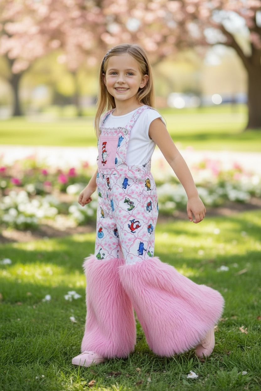 Dr. S multi-printed girls romper with faux fur.