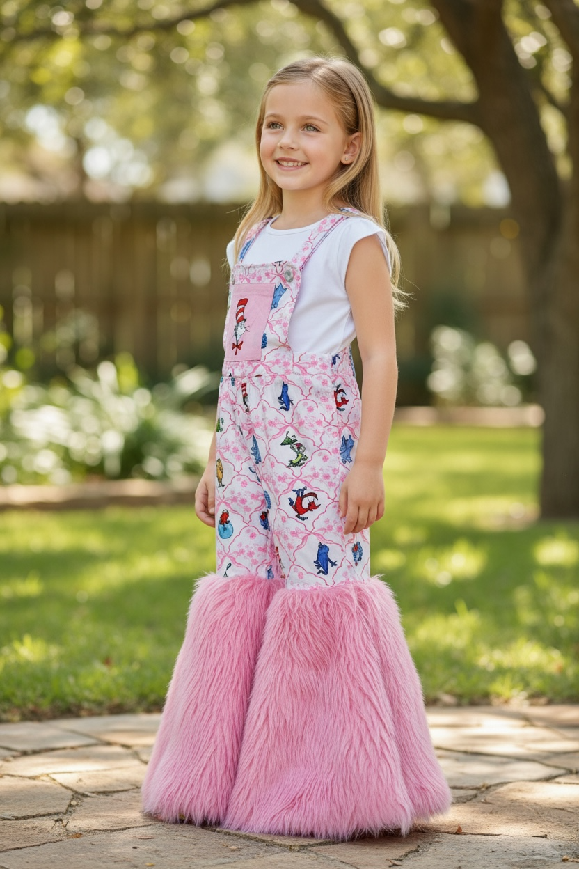 Dr. S multi-printed girls romper with faux fur.
