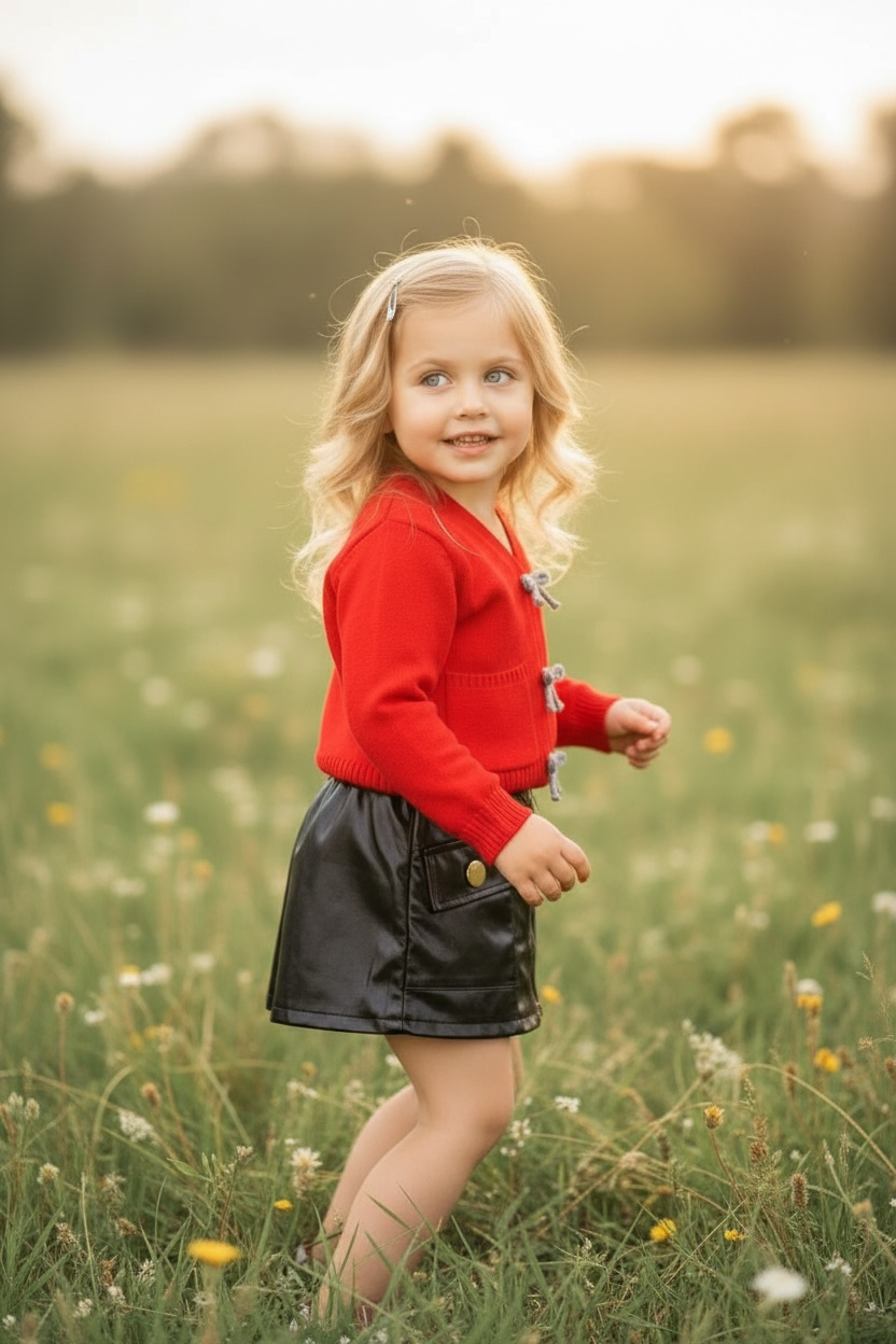 Red knit cardigan with front pockets.
