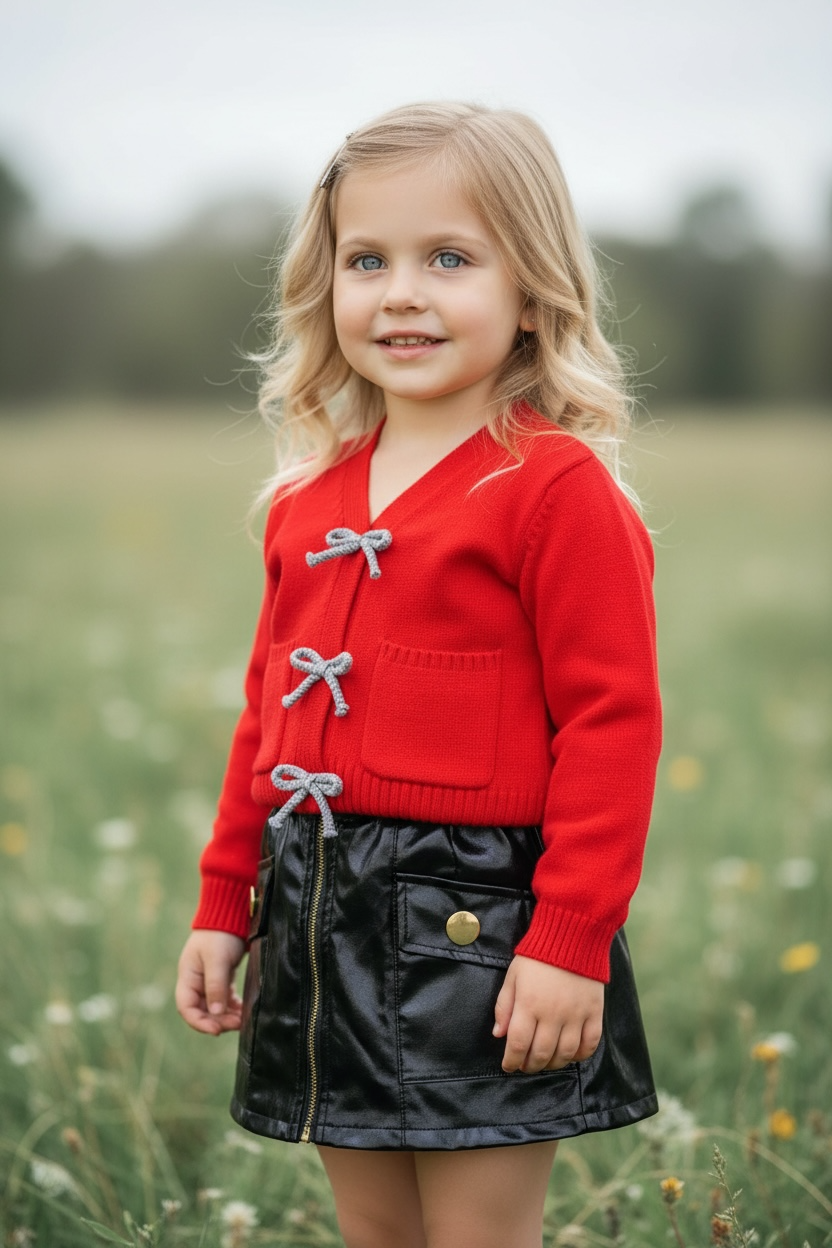 Red knit cardigan with front pockets.
