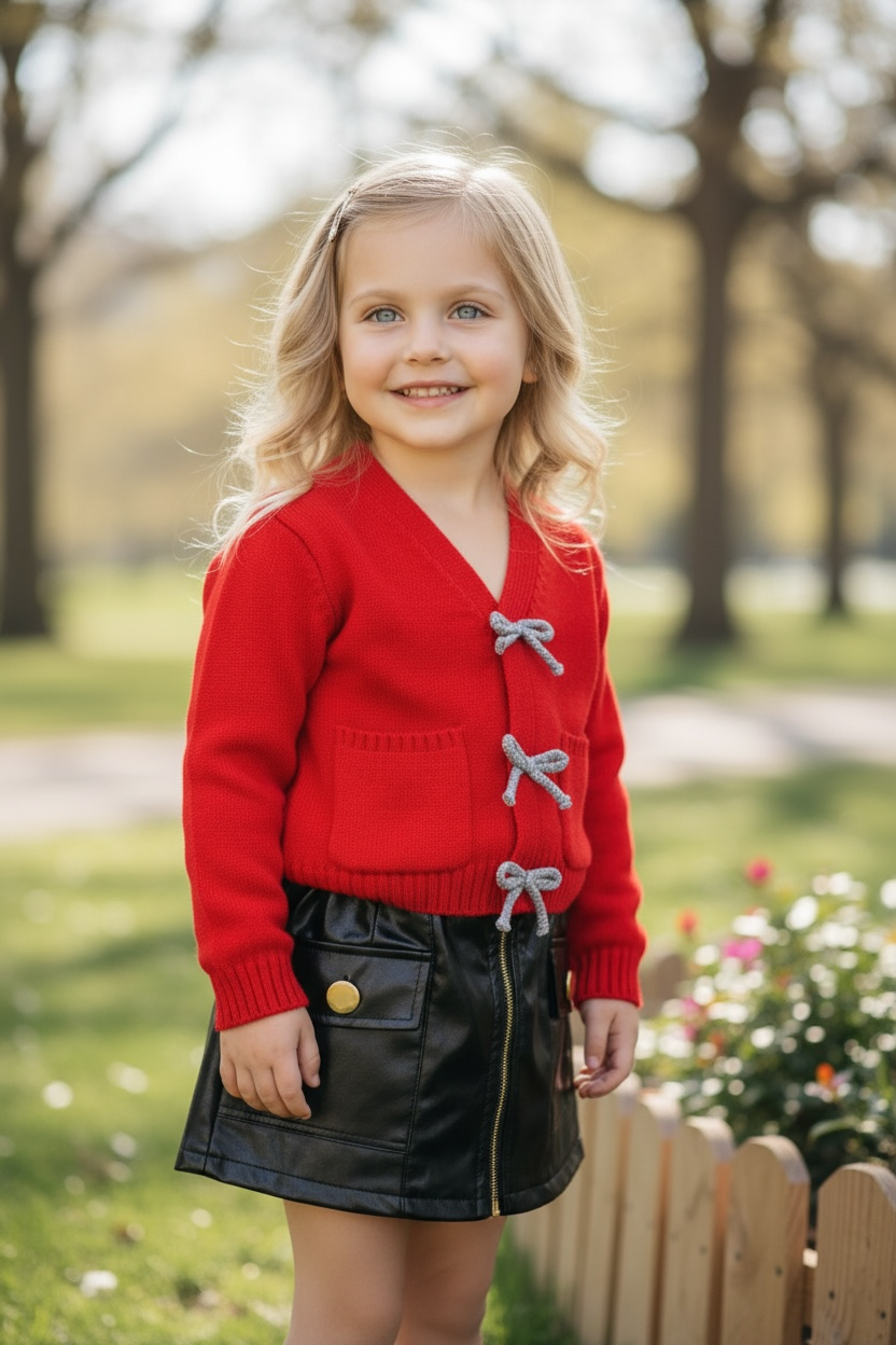 Red knit cardigan with front pockets.