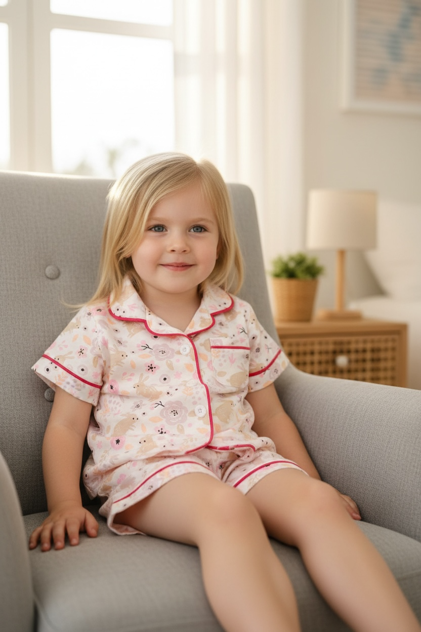 Girls Easter bunny pajamas with fuchsia trim.