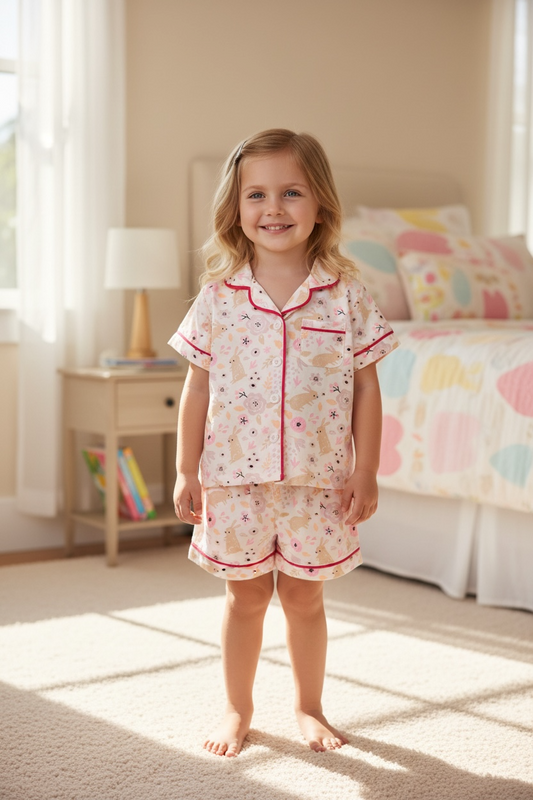 Girls Easter bunny pajamas with fuchsia trim.