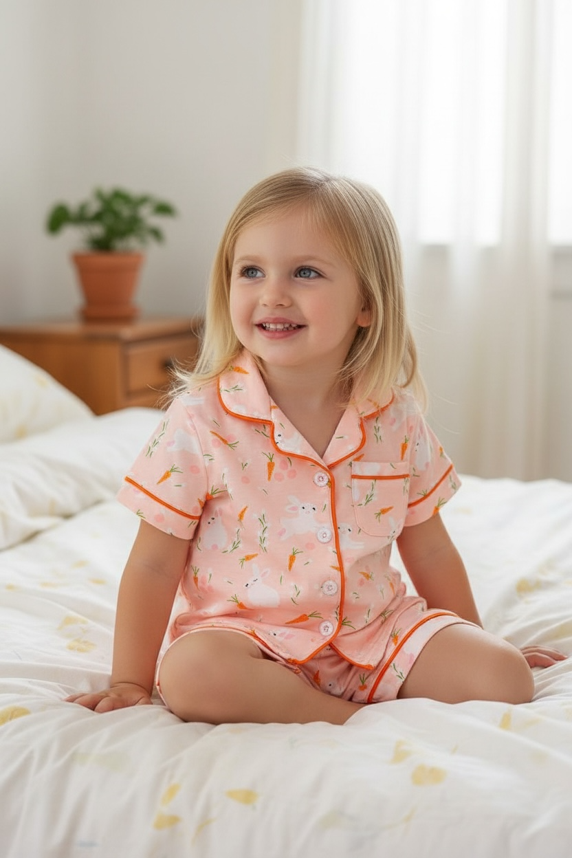 Girls coral Easter bunny pajamas.