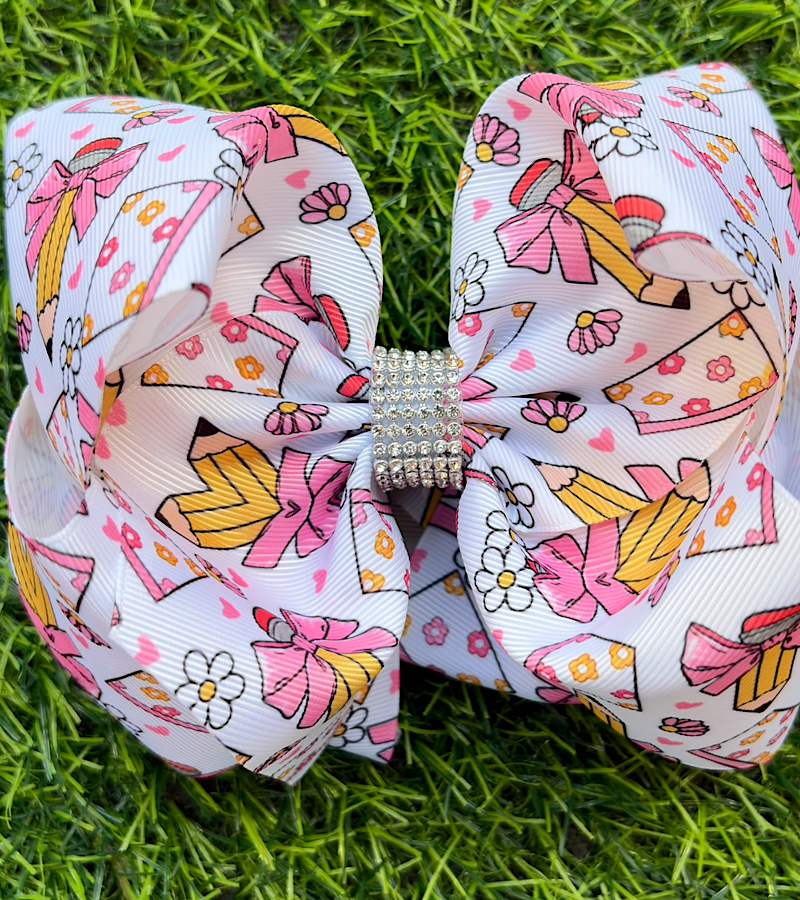 Pencil & Flower printed back to school double layer hair bows.  BW-DSG-5144