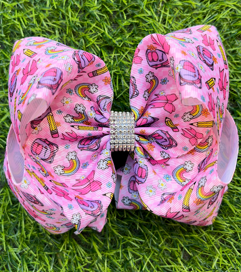 Pink checkered/ rainbow back to school double layer hair bows.  BW-DSG-5145