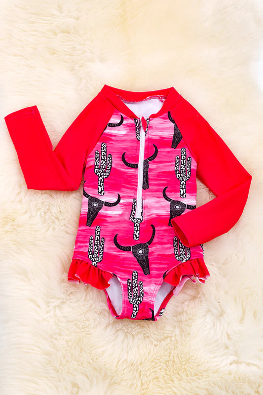 Bull skull long sleeve bathing suite with zipper.