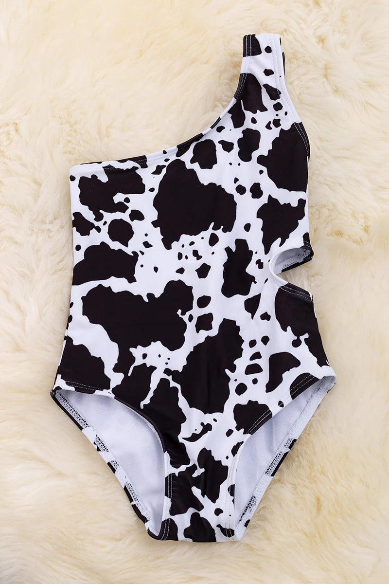 Cow spotted cutout shoulder bathing suit.