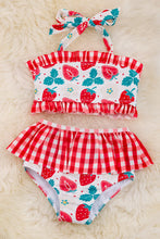 Load image into Gallery viewer, Strawberry printed &amp; gingham 2 piece bathing suit.
