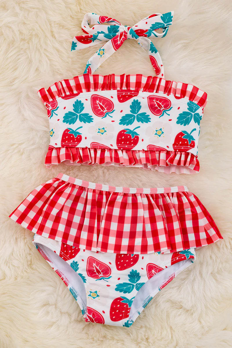 Strawberry printed & gingham 2 piece bathing suit.