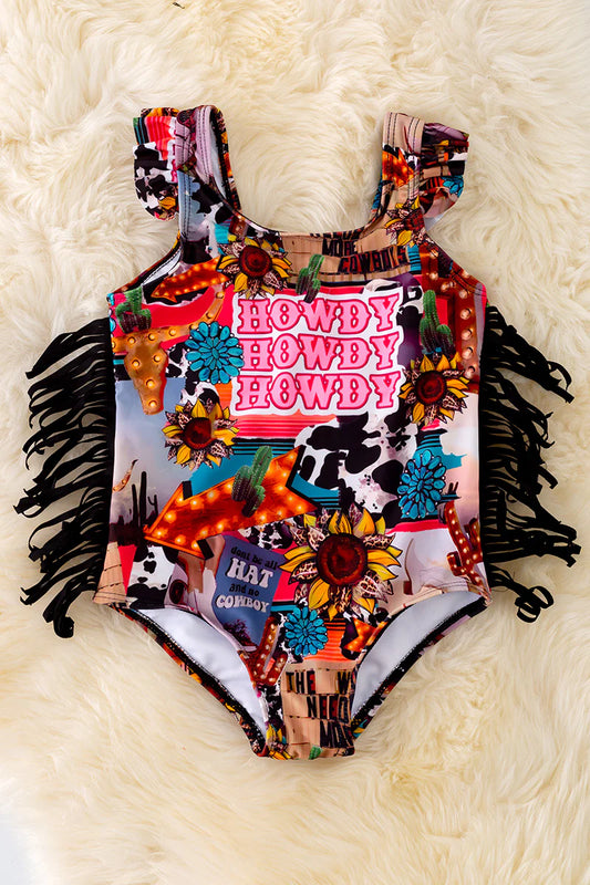 "Howdy Howdy" Western printed swimsuit.