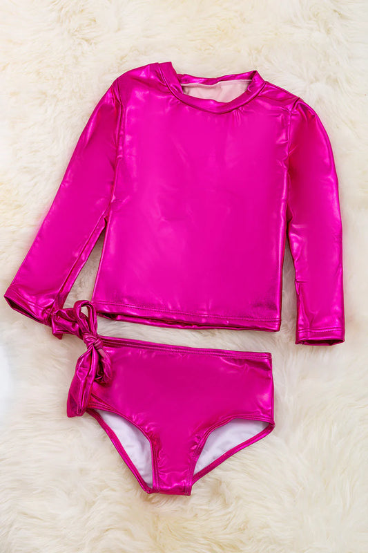 Fuchsia shimmery long sleeve bathing set.