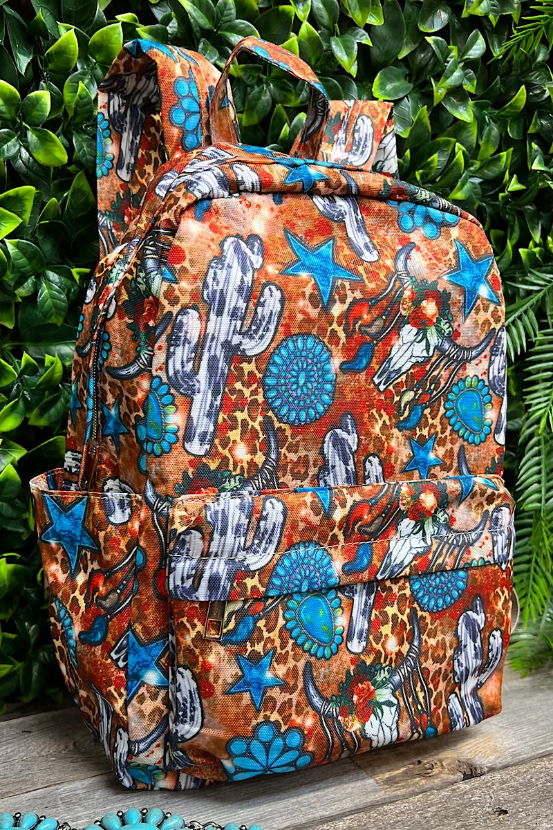 Concho, star & cow cactus printed Medium size backpack. BP-202323-8