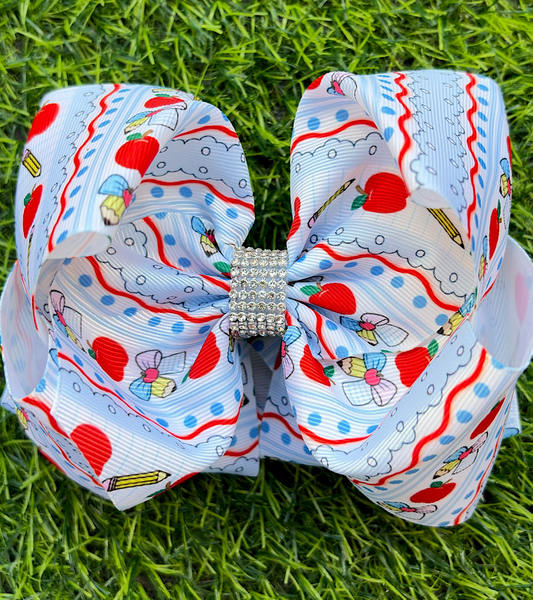 Blue stripe dot, pencil & apple printed hair bows. BW-DSG-5135