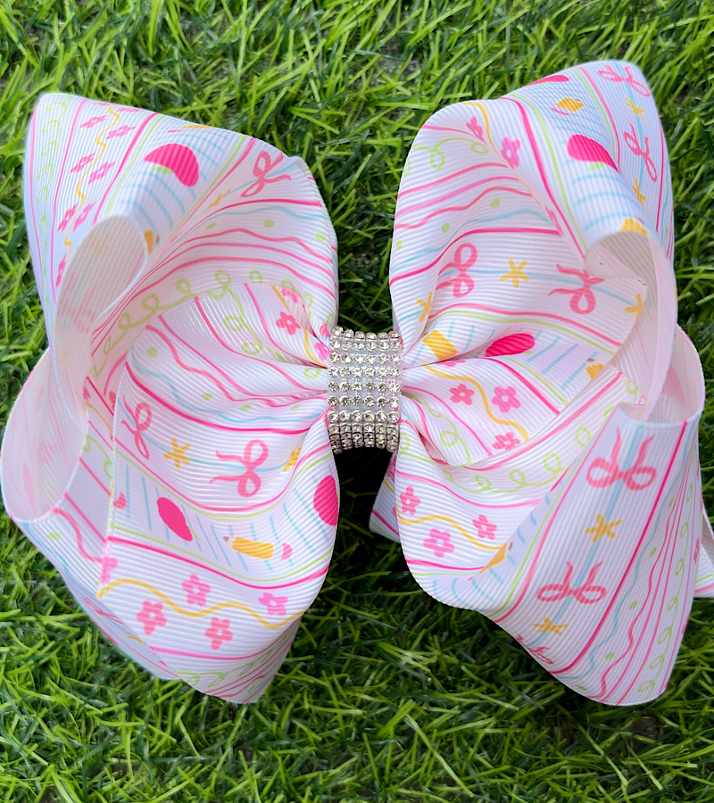 White bow, Pink apple, flower & pencil printed hairbows. BW-DSG-5137
