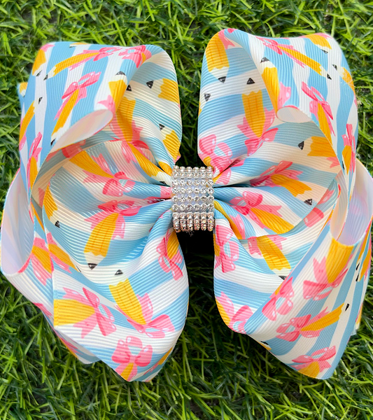 Lt. Blue & white stripe-Pencil printed double layer hairbows. BW-DSG-5138
