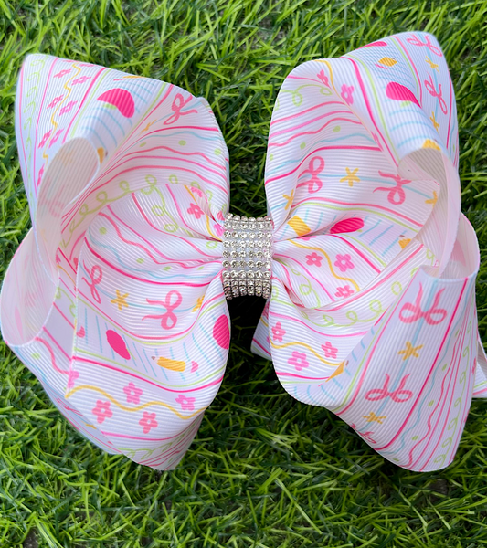 White bow, Pink apple, flower & pencil printed hairbows. BW-DSG-5137