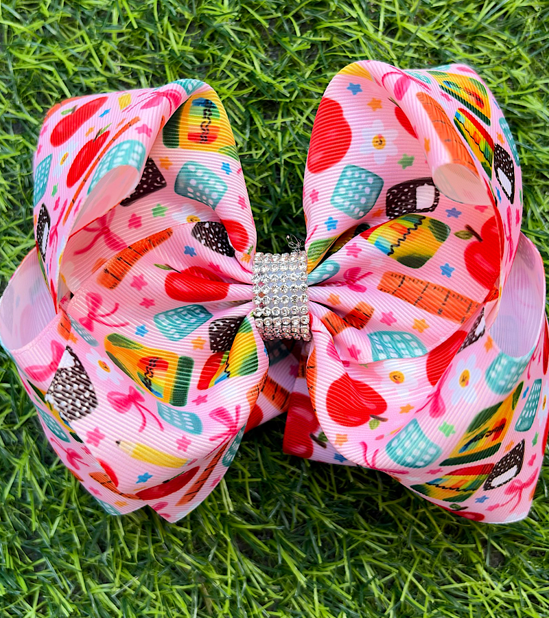Lt. Pink, crayon, ruler, apple, pencil-back to school printed bows. BW-DSG-5140