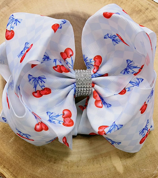 Cherry & checker printed double layer hair bows. BW-DSG-B4