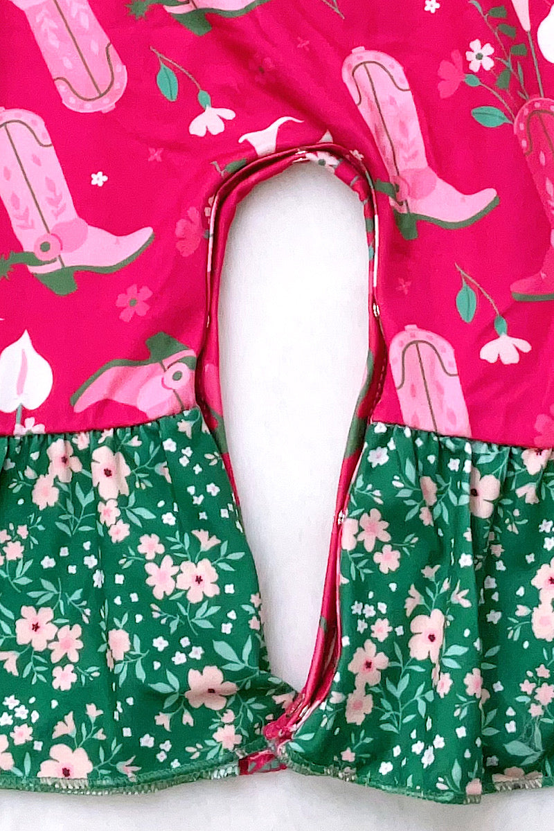 Cowboy Boot Printed on Fuchsia Printed baby Romper. SR030702