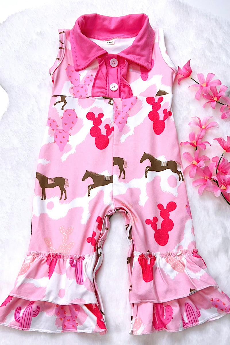 Horse and cactus western printed girls baby romper. SR031202