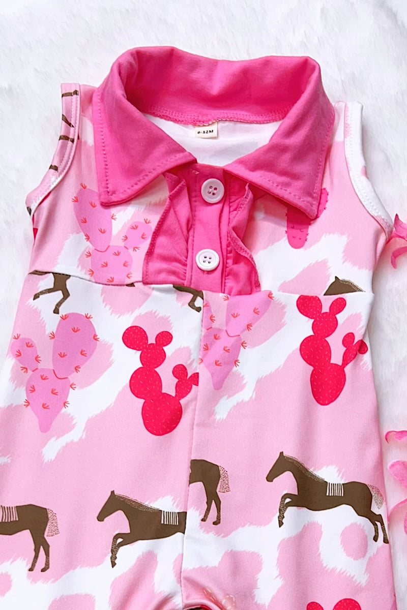 Horse and cactus western printed girls baby romper. SR031202