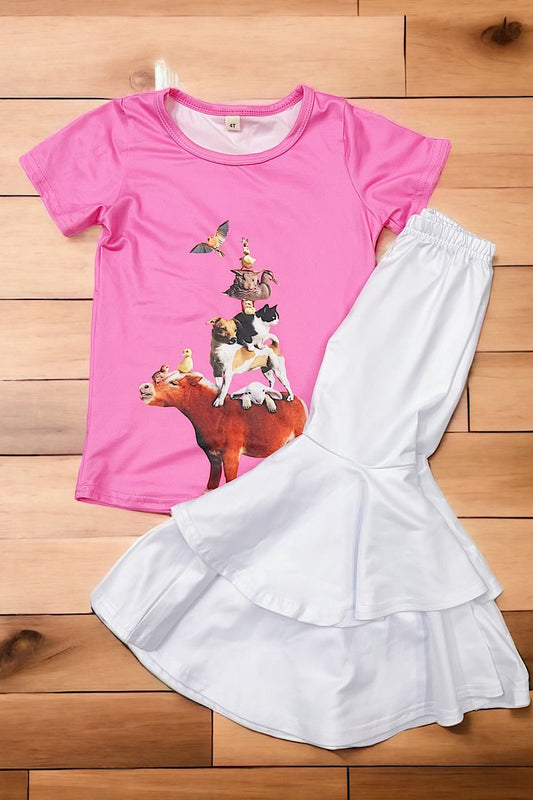 Farm animals printed on pink tee shirt