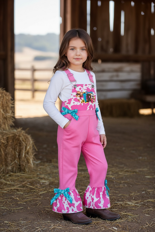Pink Country Girl pink simulated denim jumpsuit.