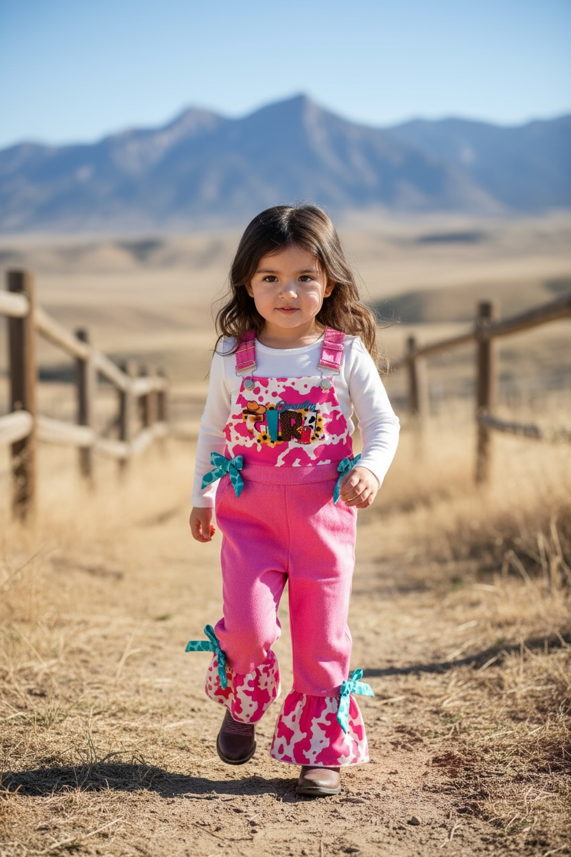 Pink Country Girl pink simulated denim jumpsuit.