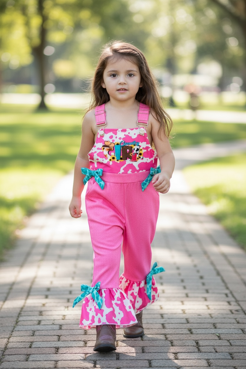 Pink Country Girl pink simulated denim jumpsuit.
