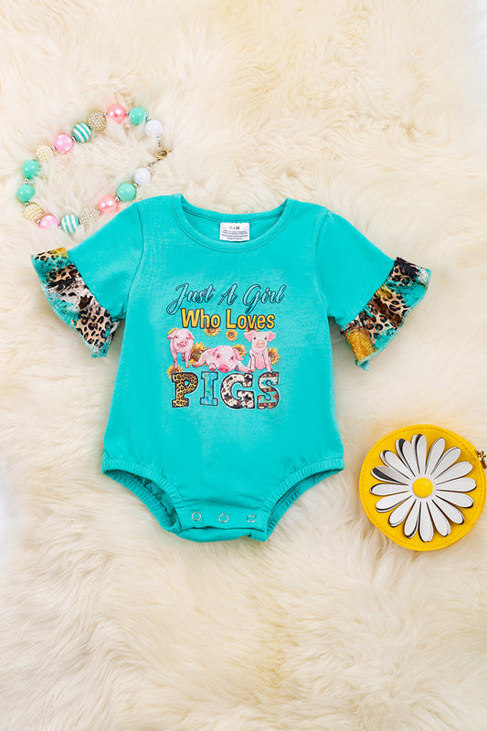 "Just a girl who loves pigs" turquoise baby onesie.