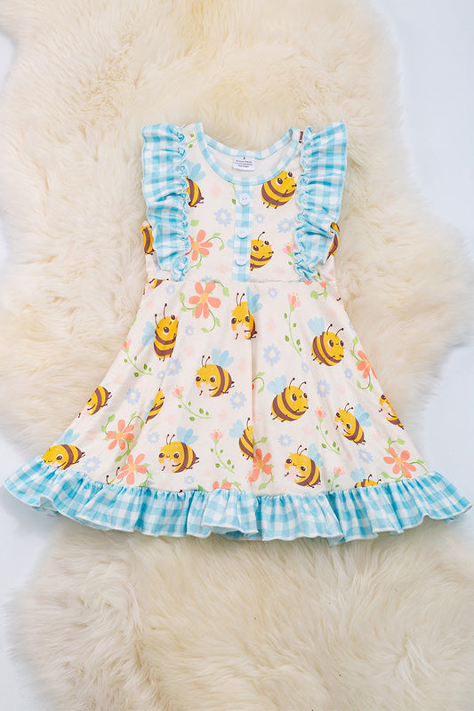 Bee and Blue Gingham Printed Ruffle Dress