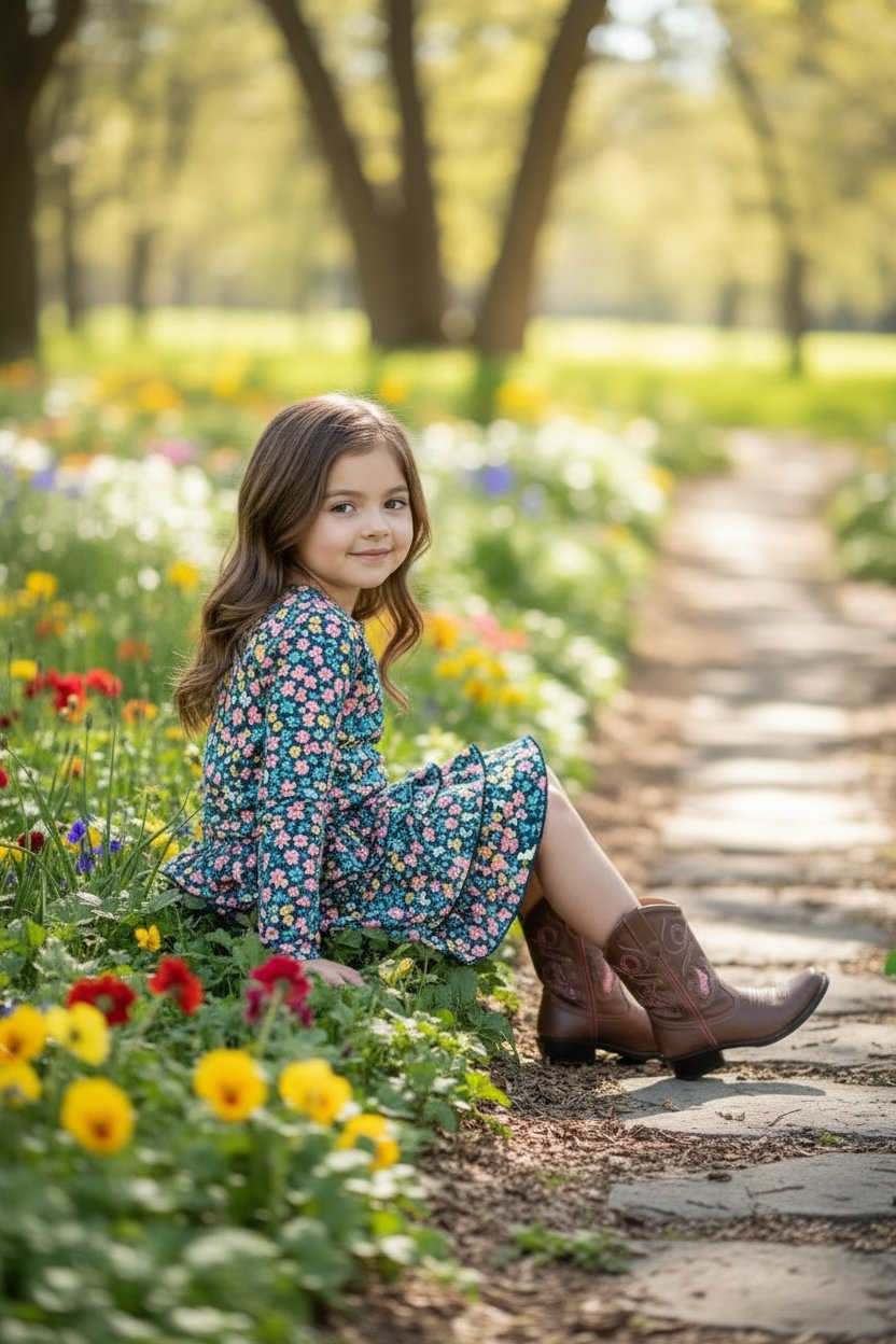 Floral printed long sleeve crop top & ruffle layered skort.