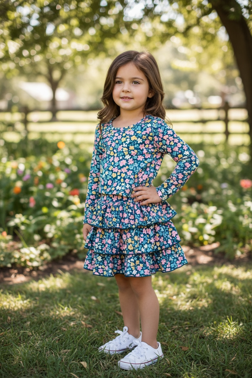 Floral printed long sleeve crop top & ruffle layered skort.