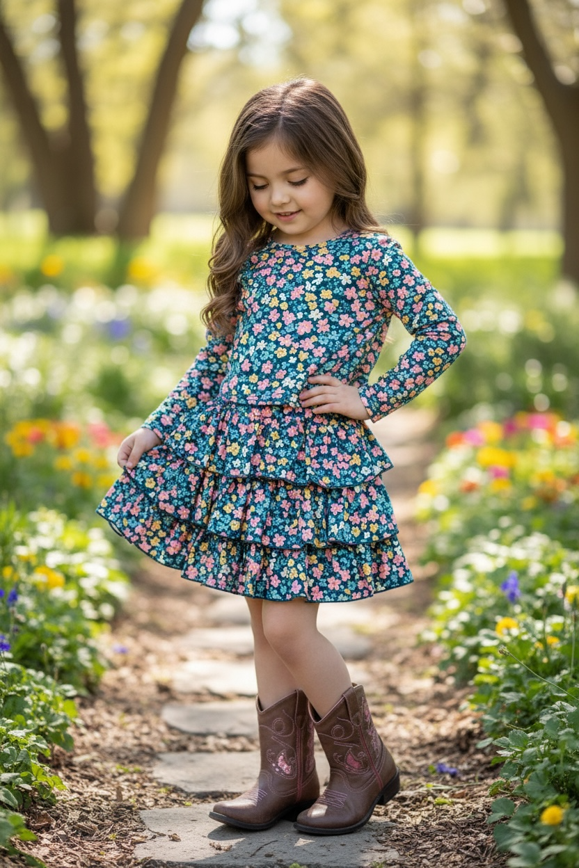 Floral printed long sleeve crop top & ruffle layered skort.